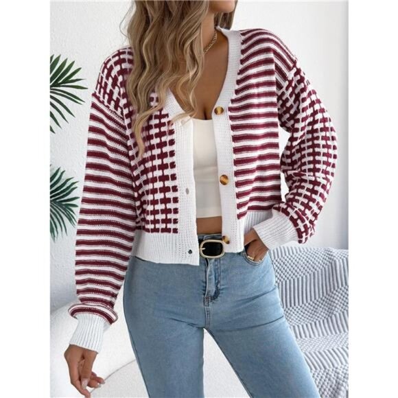 Striped Button-Up Cropped Cardigan - Picture 1 of 14
